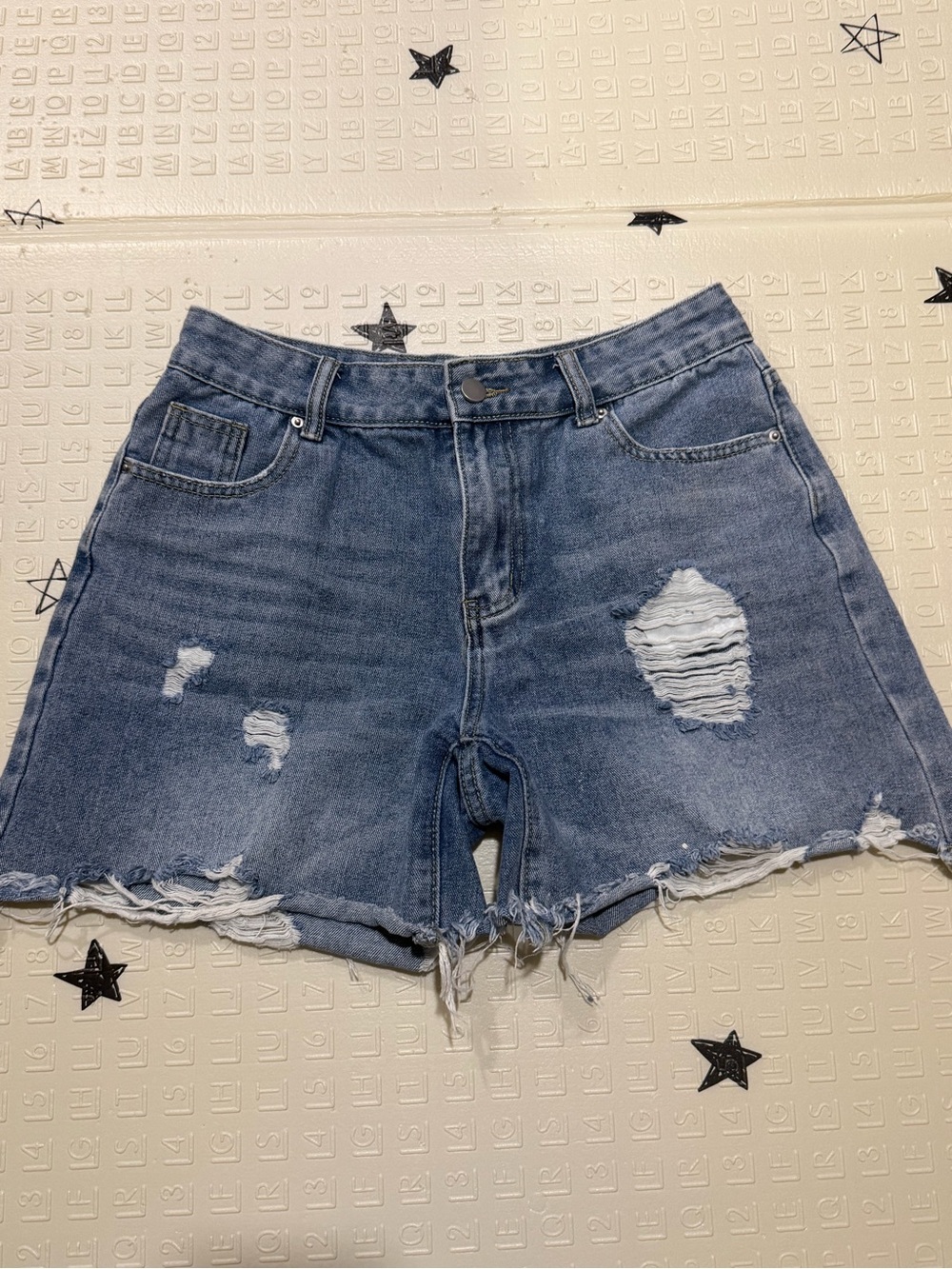 SHEIN Medium Blue Distressed High-Rise Jean Shorts